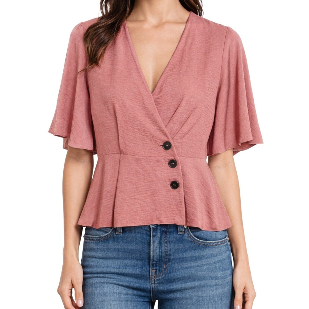 Primark Womens NWT Dusty Rose Flutter Sleeve Peplum Wrap‎ Blouse Top Pink Size 8